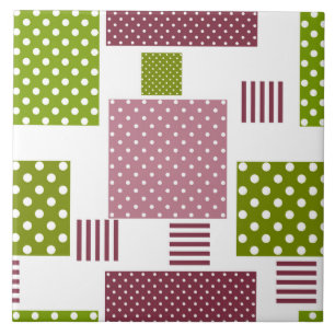 Patchwork brown green polka dots white back ceramic tile