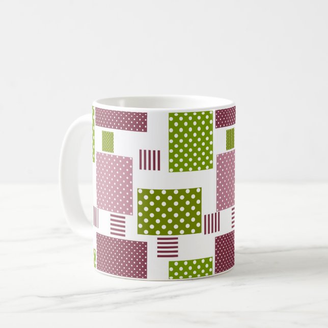 Patchwork brown green polka dots white back coffee mug (Front Left)