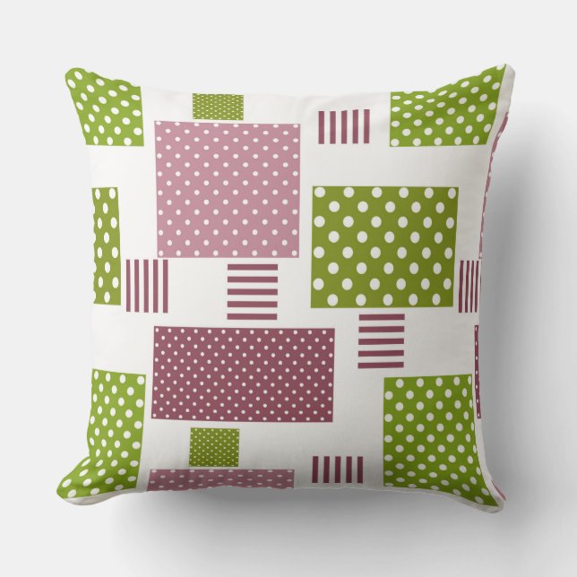 Patchwork brown green polka dots white back cushion (Front)