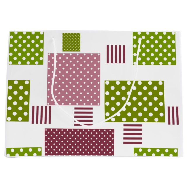 Patchwork brown green polka dots white back large gift bag (Front)