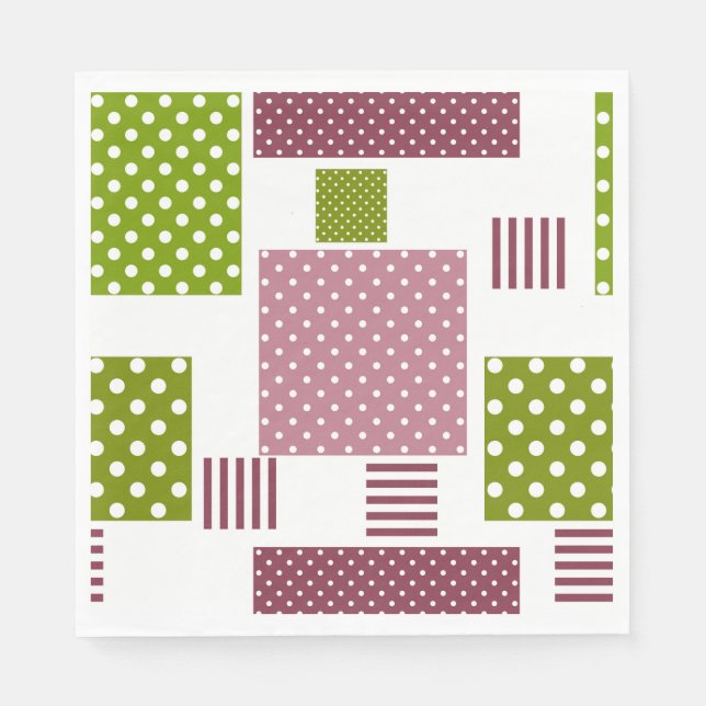 Patchwork brown green polka dots white back napkin (Front)