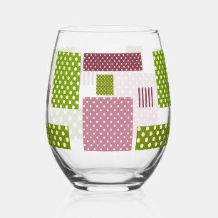 Patchwork brown green polka dots white back stemless wine glass