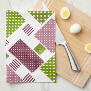 Patchwork brown green polka dots white back tea towel