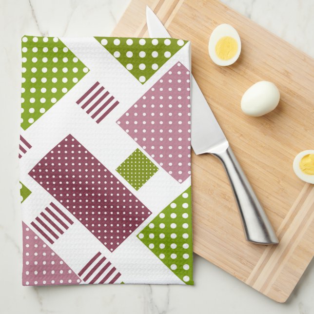 Patchwork brown green polka dots white back tea towel (Quarter Fold)