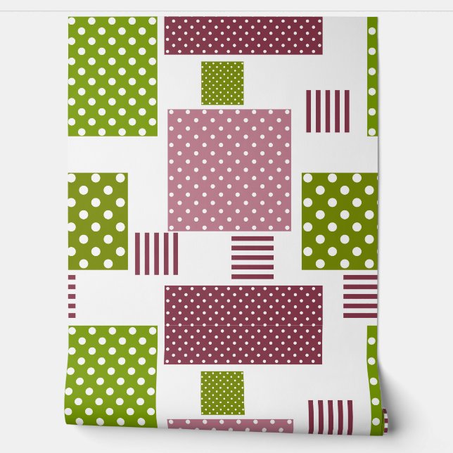 Patchwork brown green polka dots white back wallpaper (Unrolling)