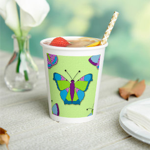 Patchwork Butterfly Pattern on Green Paper Cups