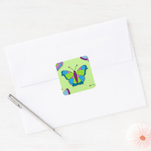 Patchwork Butterfly Pattern on Green Square Sticker