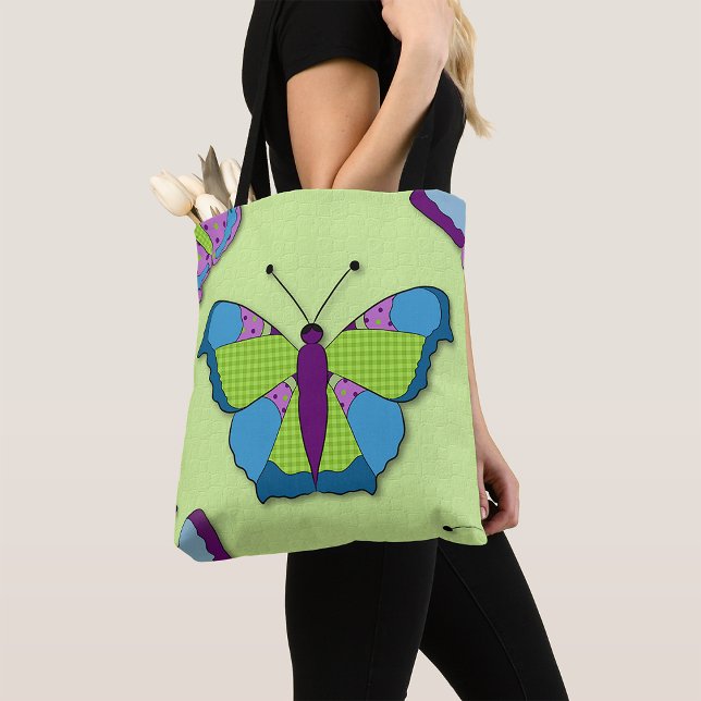 Patchwork Butterfly Pattern on Green Tote Bag (Creator Uploaded)
