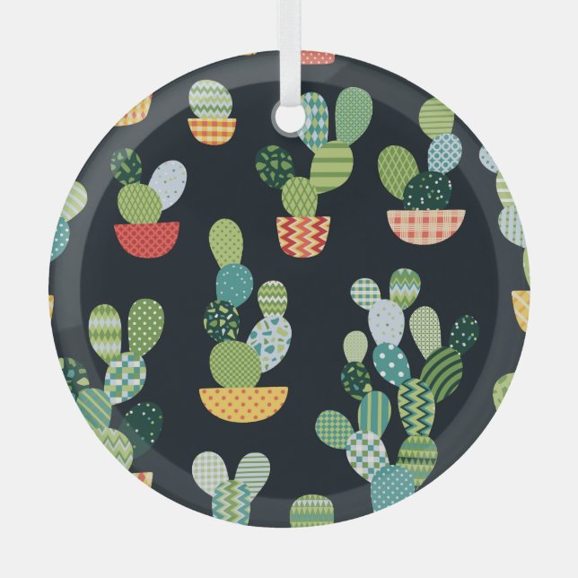 Patchwork Cactus Plants Seamless Pattern Glass Tree Decoration (Front)