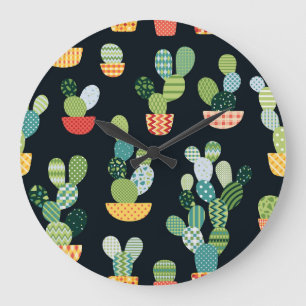 Patchwork Cactus Plants Seamless Pattern Large Clock