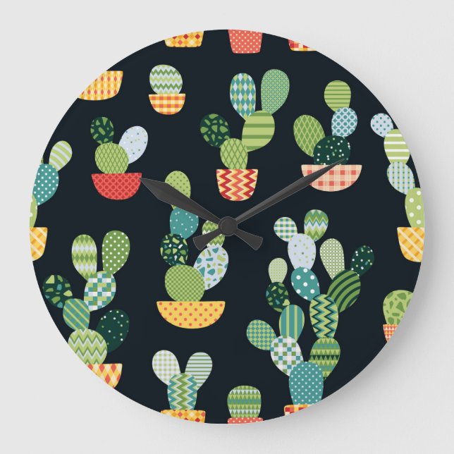 Patchwork Cactus Plants Seamless Pattern Large Clock (Front)