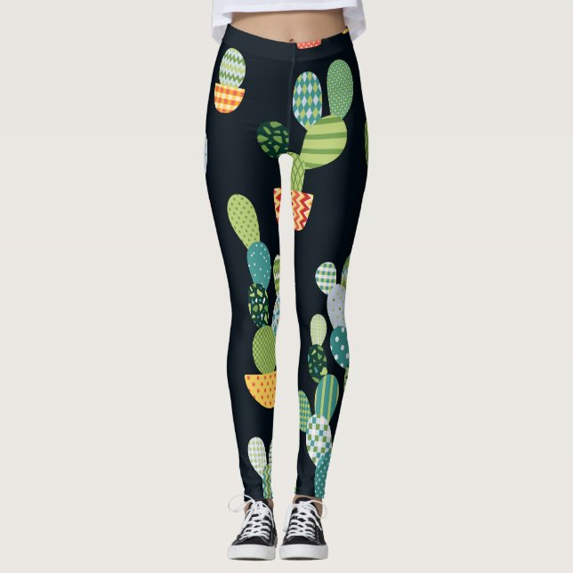 Patchwork Cactus Plants Seamless Pattern Leggings (Front)