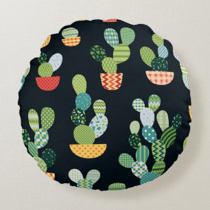 Patchwork Cactus Plants Seamless Pattern Round Cushion