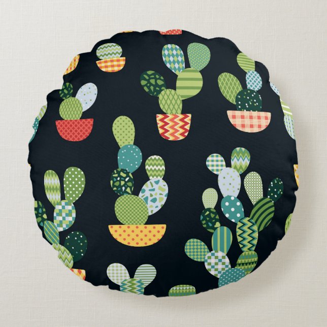 Patchwork Cactus Plants Seamless Pattern Round Cushion (Front)