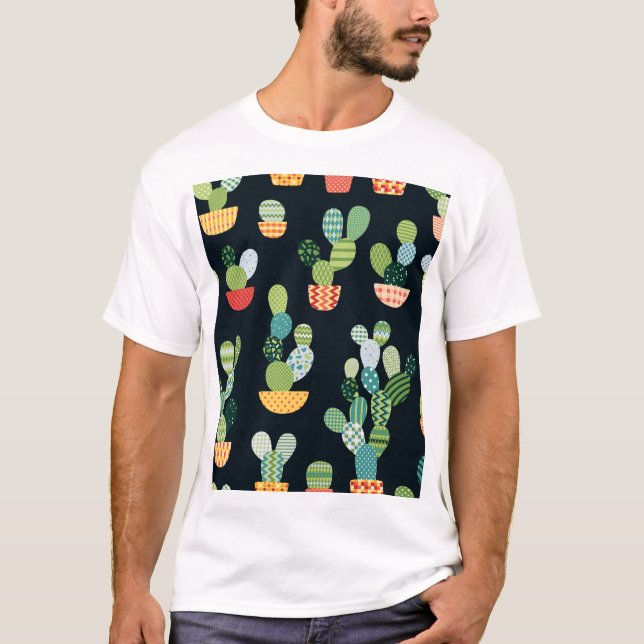 Patchwork Cactus Plants Seamless Pattern T-Shirt (Front)