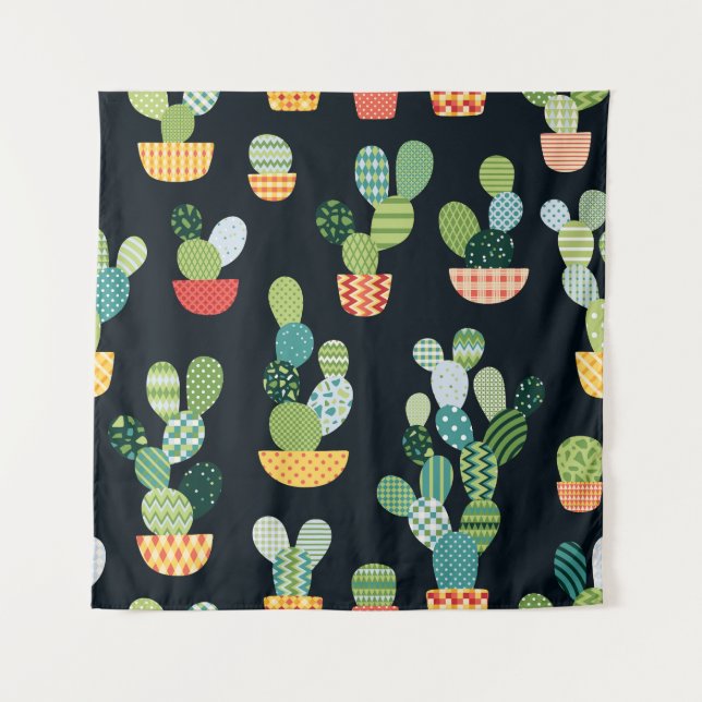 Patchwork Cactus Plants Seamless Pattern Tapestry (Front)