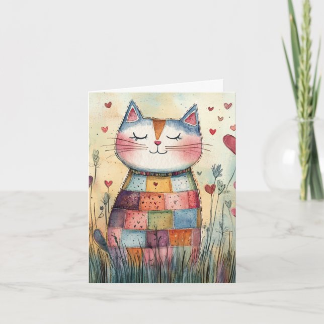 Patchwork Cat Valentine Holiday Card (Front)