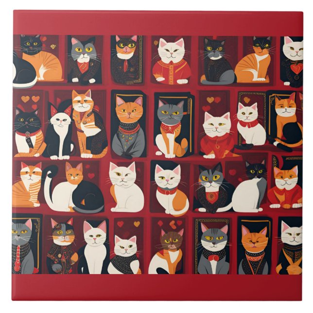 patchwork cats AI art ceramic tile (Front)