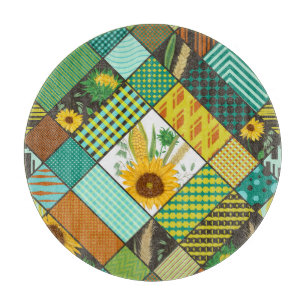 Patchwork cereals, sunflowers, geometric pattern. cutting board