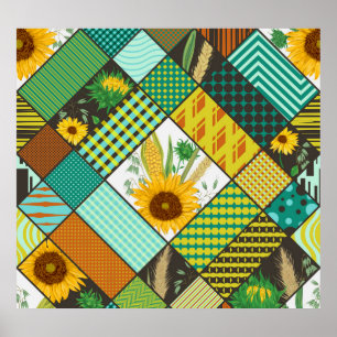Patchwork cereals, sunflowers, geometric pattern. poster