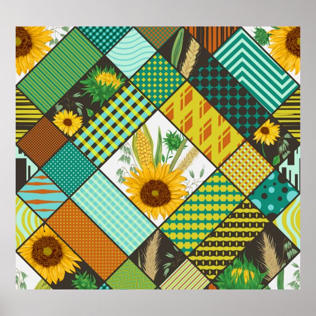 Patchwork cereals, sunflowers, geometric pattern. poster (Front)