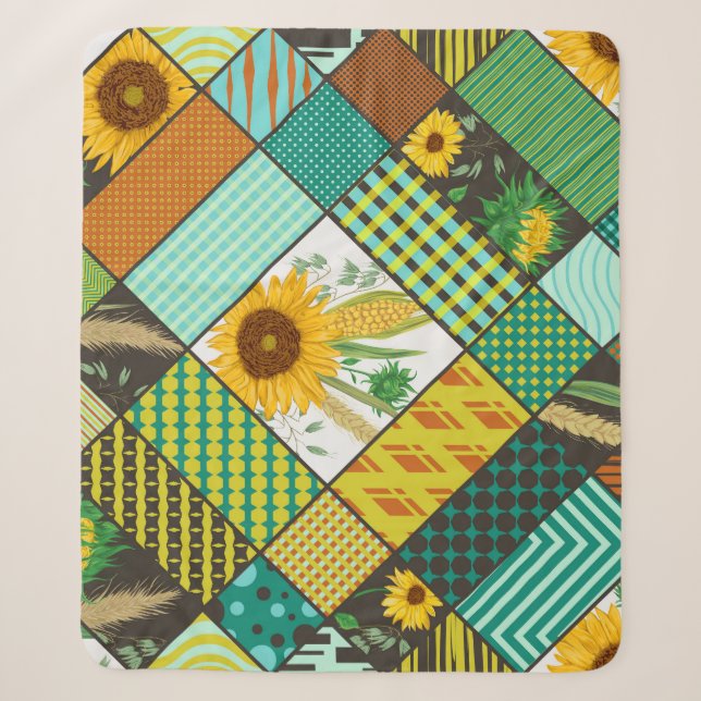 Patchwork cereals, sunflowers, geometric pattern. sherpa blanket (Front)