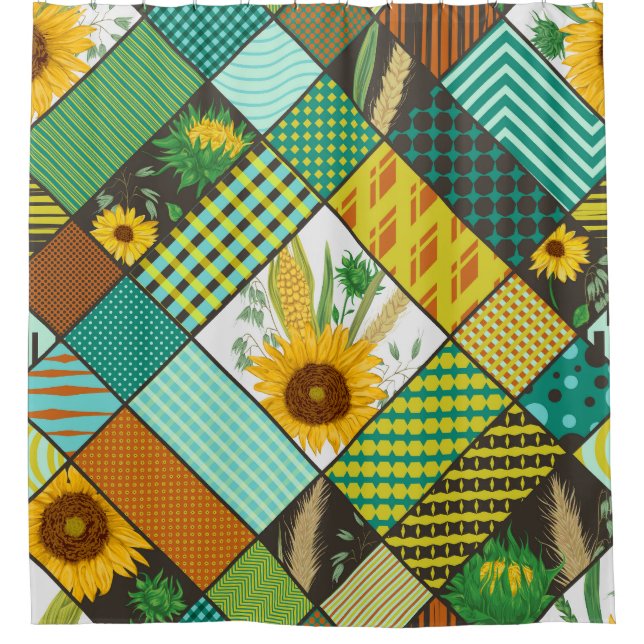 Patchwork cereals, sunflowers, geometric pattern. shower curtain (Front)