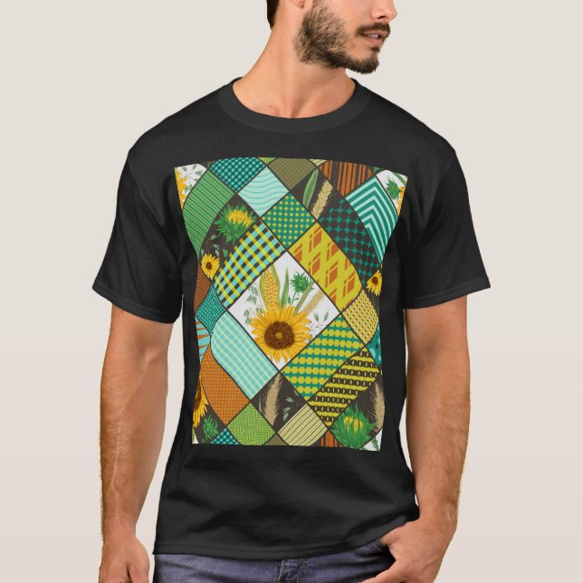 Patchwork cereals, sunflowers, geometric pattern. T-Shirt (Front)
