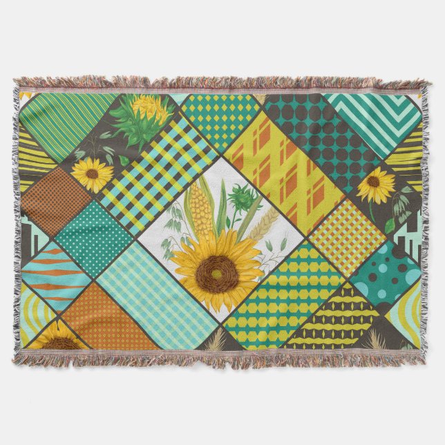 Patchwork cereals, sunflowers, geometric pattern. throw blanket (Front)