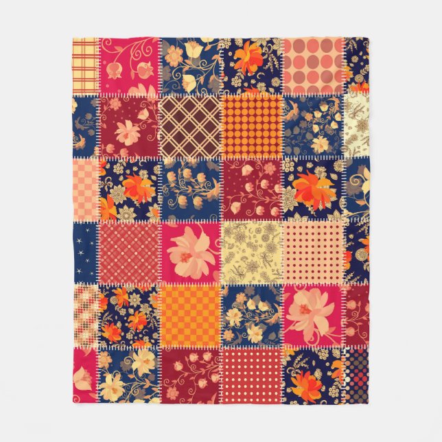 Patchwork Charm: Floral & Geometric Mix Fleece Blanket (Front)