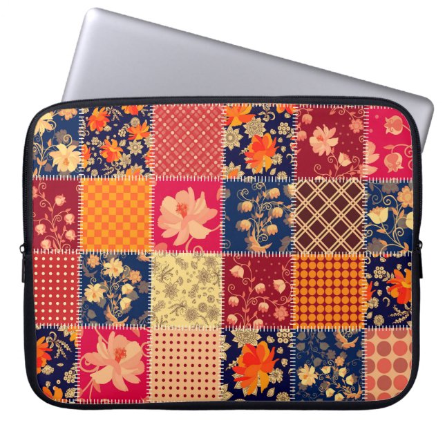 Patchwork Charm: Floral & Geometric Mix Laptop Sleeve (Front)