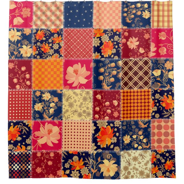 Patchwork Charm: Floral & Geometric Mix Shower Curtain (Front)