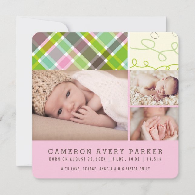 Patchwork Checks Baby Girl Birth Announcement Card (Front)