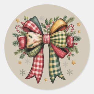 Patchwork Christmas Bow Cosy Rustic Holiday Classic Round Sticker