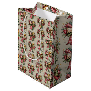 Patchwork Christmas Bow Cosy Rustic Holiday Medium Gift Bag