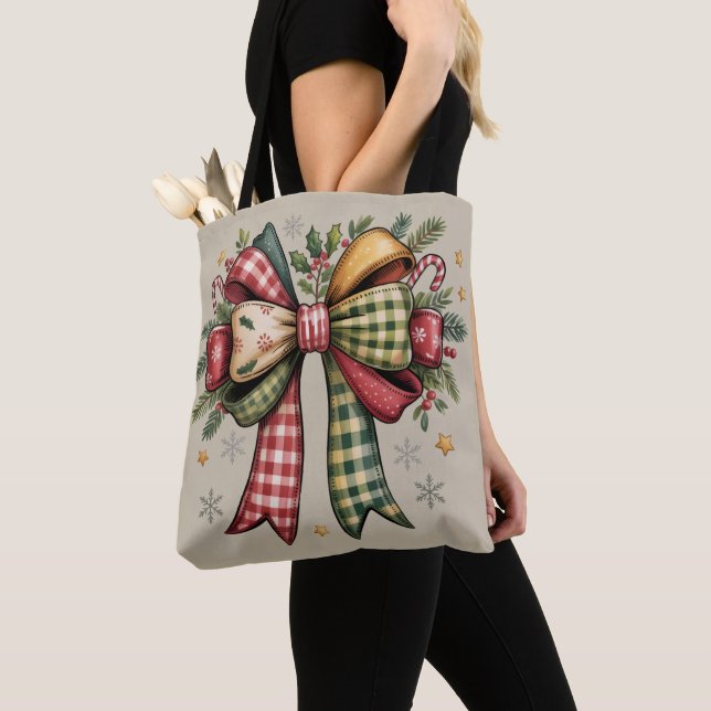 Patchwork Christmas Bow Cosy Rustic Holiday Tote Bag (Close Up)