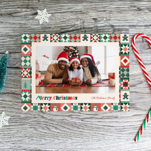 Patchwork Christmas Red and Green Photo Holiday Card