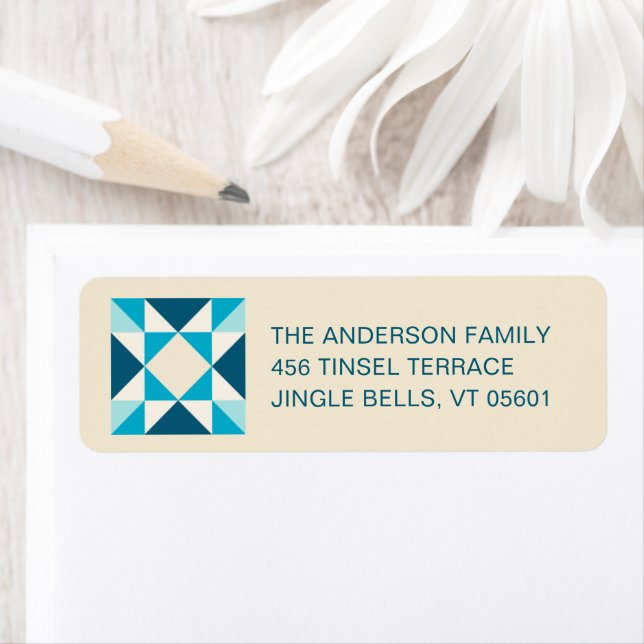 Patchwork Christmas Shades of Blue Return Address Label (Insitu)