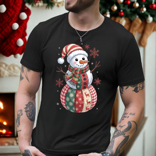 Patchwork Christmas Snowman with Snowflakes T-Shirt