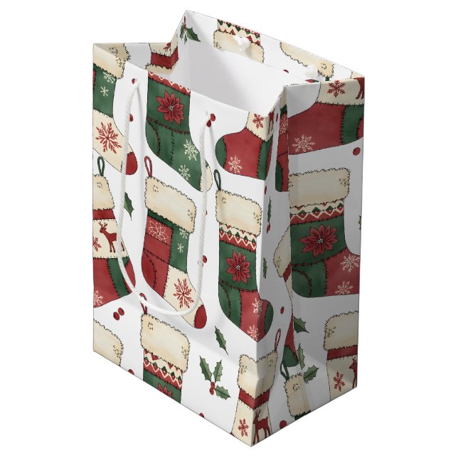 Patchwork Christmas Stockings Red Green White Medium Gift Bag (Front Angled)