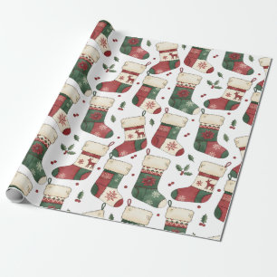 Patchwork Christmas Stockings Red Green White Wrapping Paper