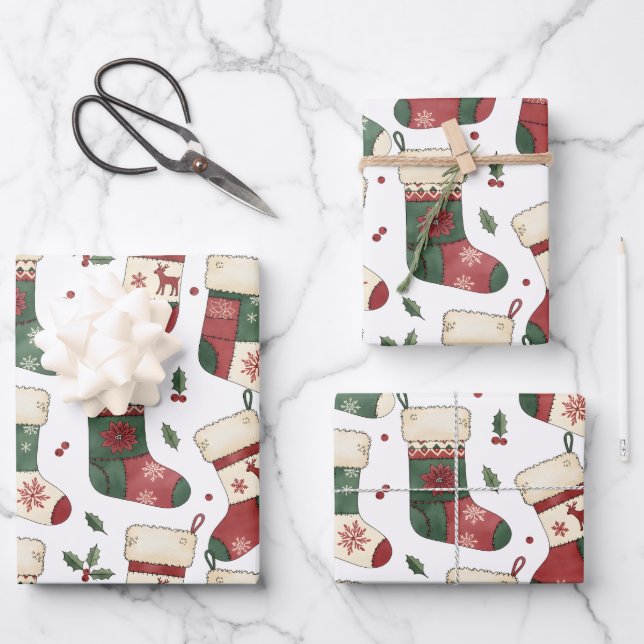 Patchwork Christmas Stockings Red Green White Wrapping Paper Sheet (Front)