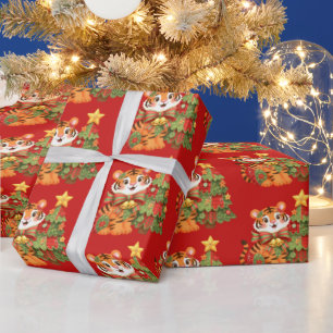 Patchwork Christmas Tiger With Christmas Tree Wrapping Paper