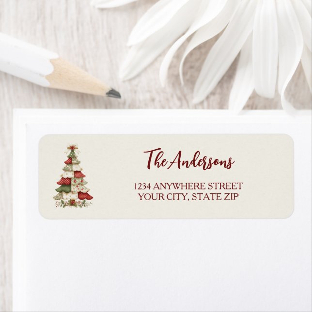 Patchwork Christmas Tree Christmas Return Address Label (Insitu)
