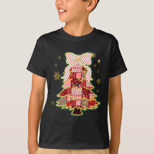 Patchwork Christmas Tree Coquette Bow Xmas Holiday T-Shirt