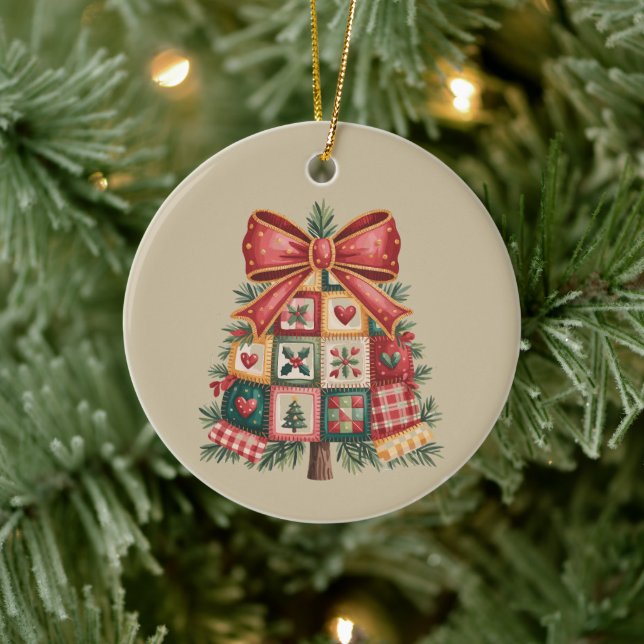 Patchwork Christmas Tree Coquette Xmas Holiday Ceramic Ornament (Tree)