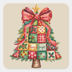 Patchwork Christmas Tree Coquette Xmas Tree  Square Sticker