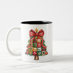 Patchwork Christmas Tree Coquette Xmas Tree Two-Tone Coffee Mug