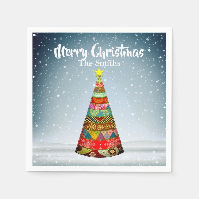 Patchwork Christmas Tree under a Snowfall Napkin (Front)