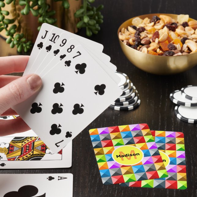 Patchwork Colourful geometric pattern Monogram Playing Cards (In Situ)